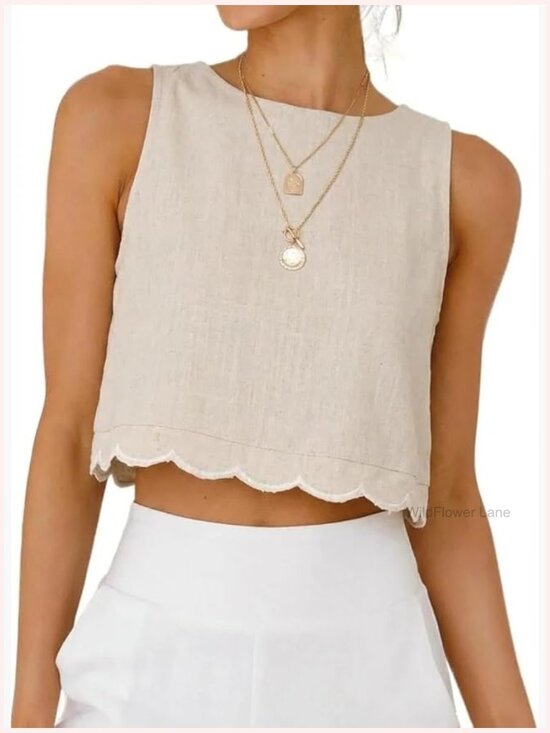 Tops - High Neck Linen Cropped Tank Top Scallop Hem Sleeveless Blouse